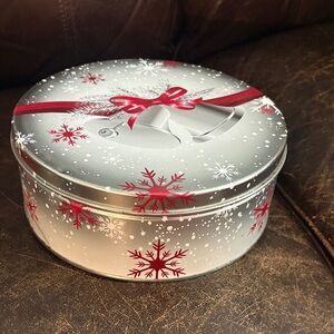 Festive Holiday Tin with Red Snowflakes